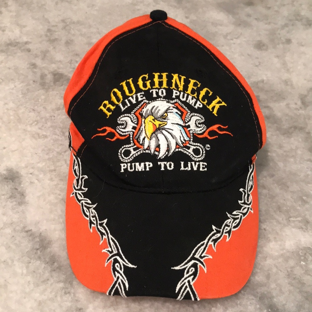 Roughneck Oilman One Shot Cap Black Orange Dad Hat Baseball Embroidered Oil Well